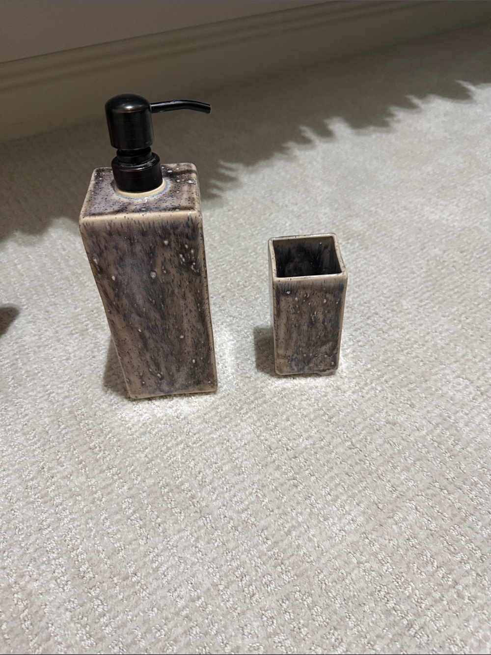 Neutral Speckled Ceramic Soap Dispenser and Tumbler Set